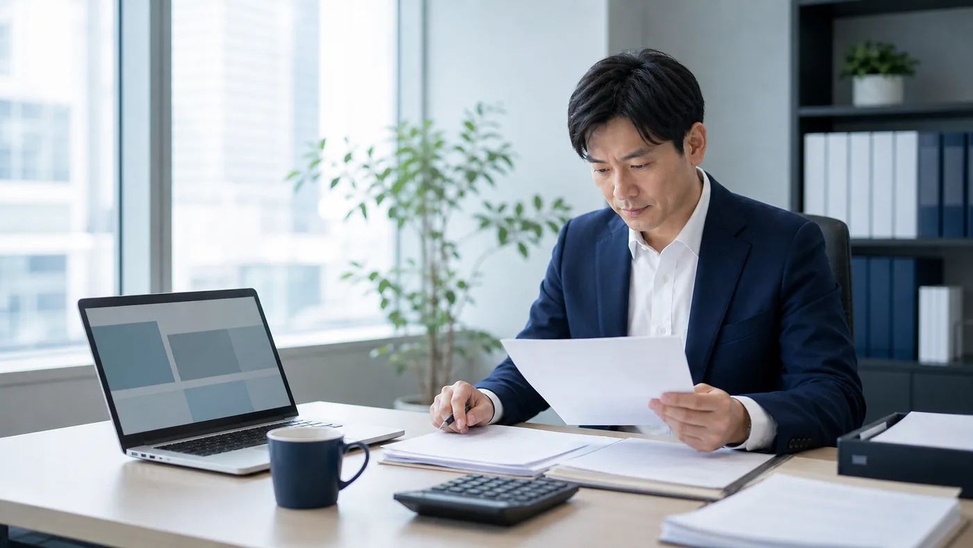 クラウド会計と整理された書類で月次の経理運用を行うスタッフ